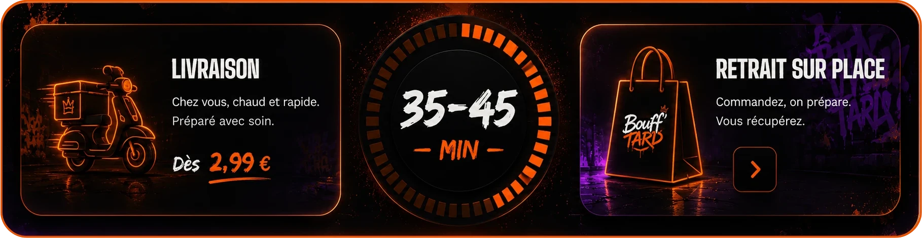 Livraison dès 2,99 €, préparée chaud, en 30 à 45 minutes — ou retrait sur place gratuit, commandez et on prépare.